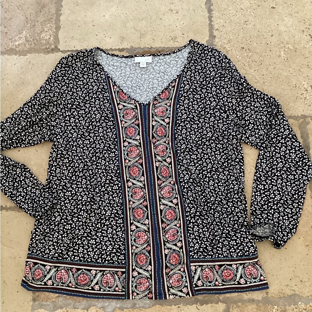 J Jill Black Floral VNeck 3/4 Sleeve Rayon Blend Tunic Top M
T1
